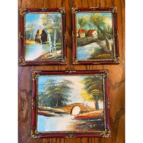 Set Of 3 Vintage Framed Oil Paintings With Rustic Landscape Themes In Ornate Red - Picture 1 of 7
